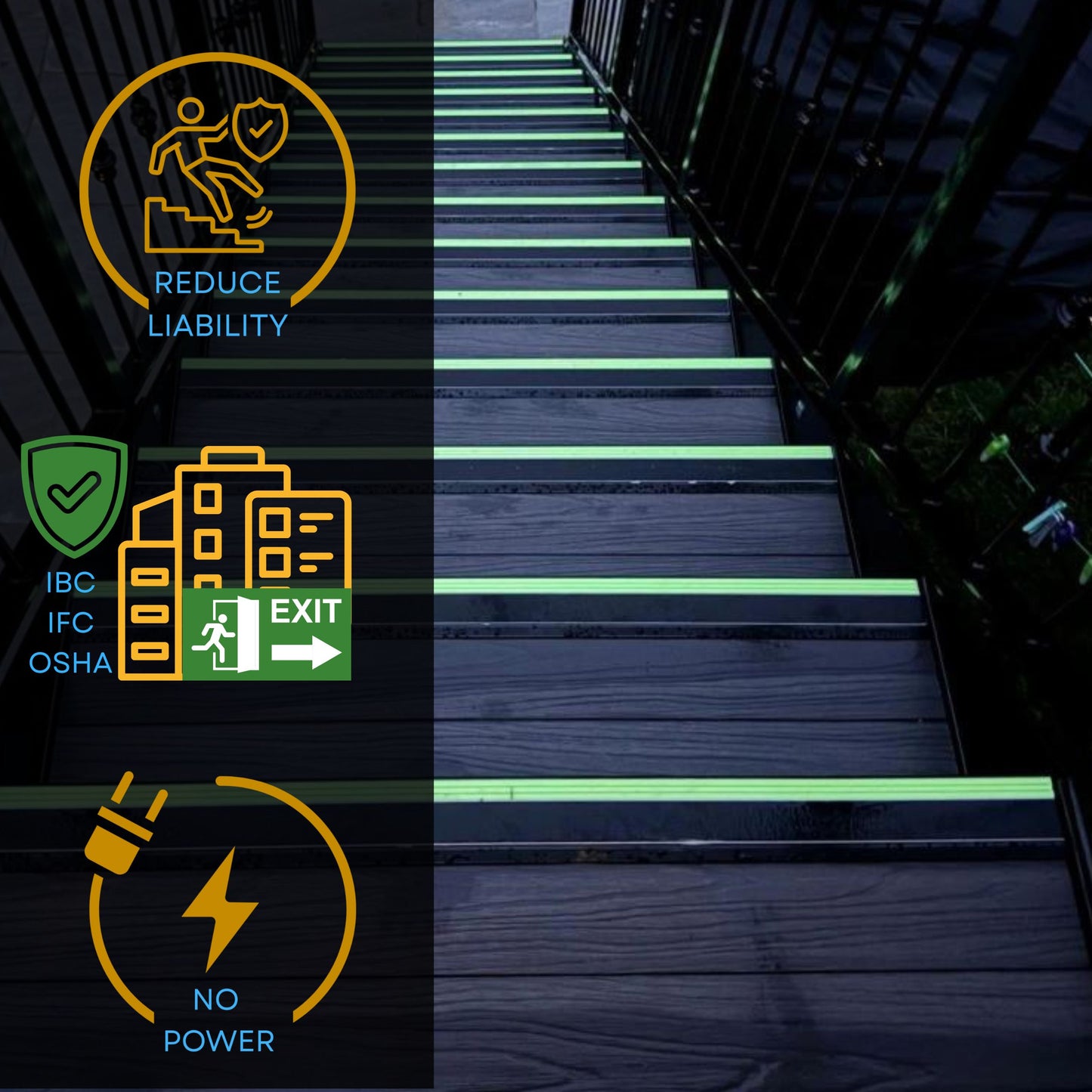 Ecoglo safety strips, photoluminescent contrast strip glowing in stairway