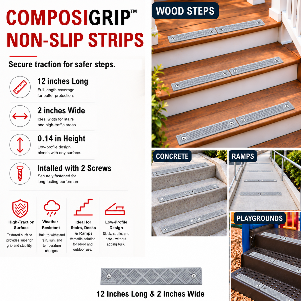 ComposiGrip™ Gray Non-Slip Stair Strips | 2-Inch Wide Anti-Slip Safety Strips