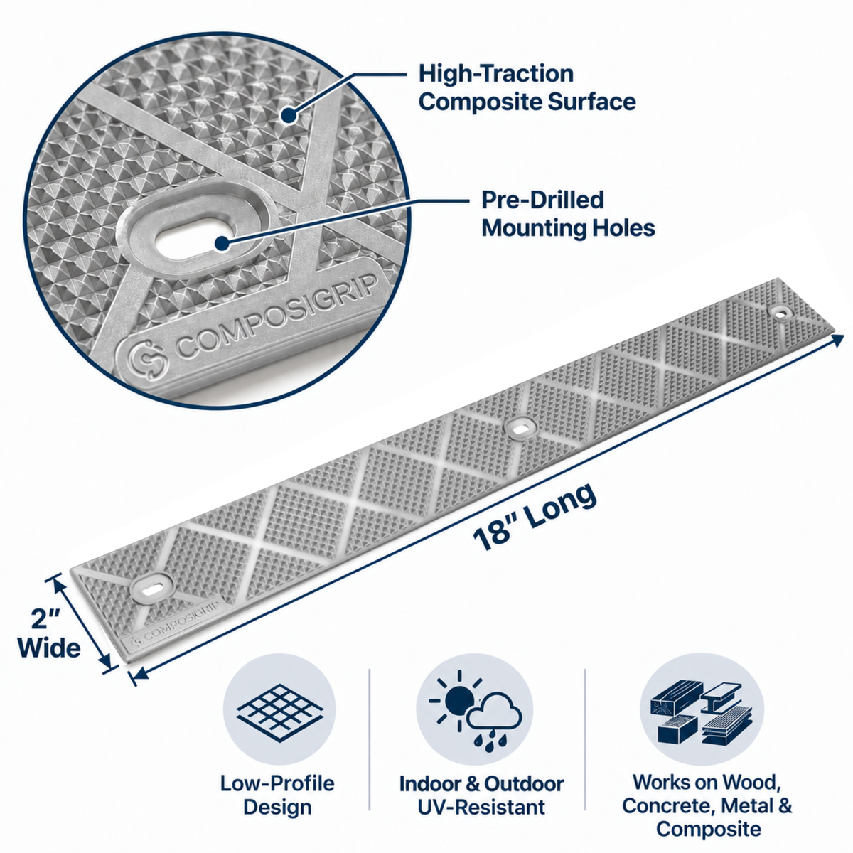 ComposiGrip™ Gray Non-Slip Stair Strips | 2-Inch Wide Anti-Slip Safety Strips