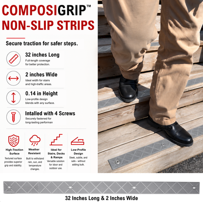 ComposiGrip™ Gray Non-Slip Stair Strips | 2-Inch Wide Anti-Slip Safety Strips