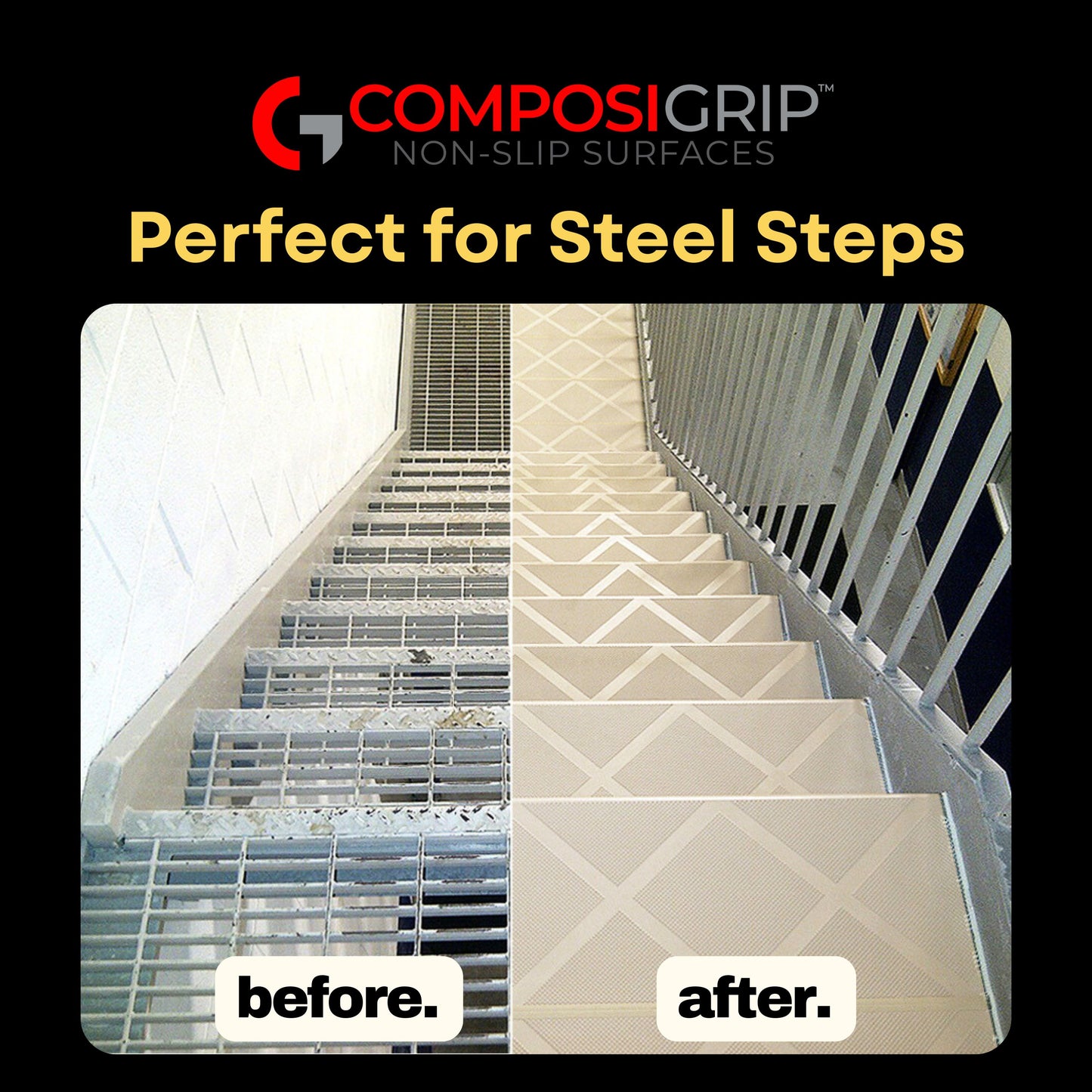 Beige ComposiGrip non slip step-covers for steep stairs