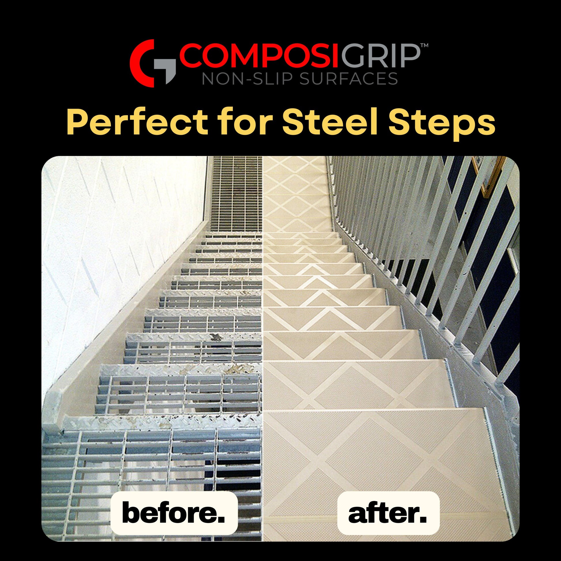 Beige ComposiGrip non slip step-covers for steep stairs