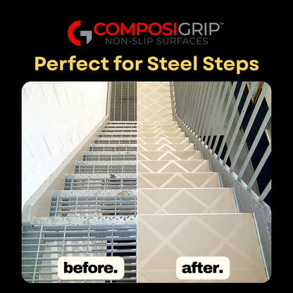 Beige ComposiGrip non slip step-covers for steep stairs