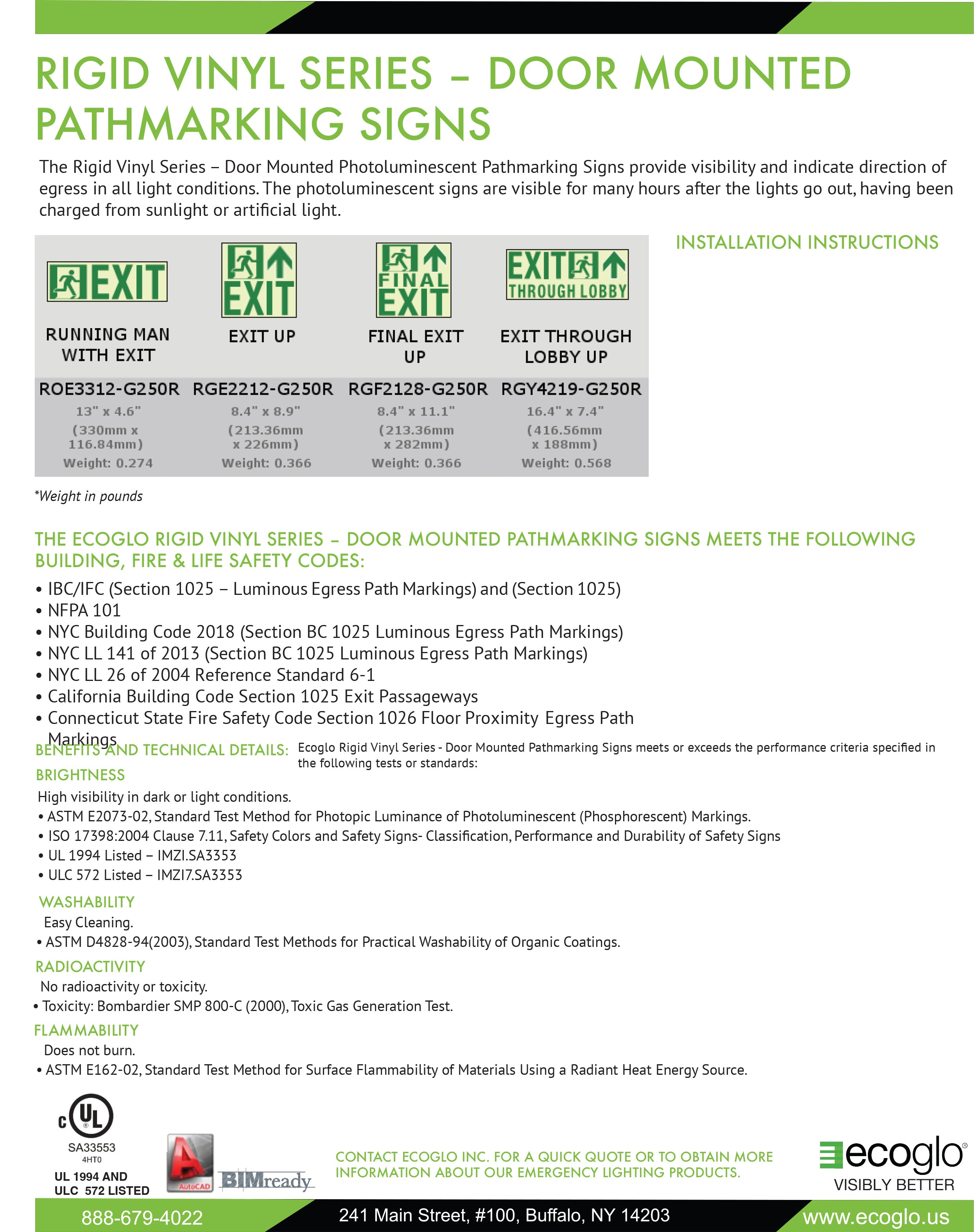 Ecoglo Rigid Vinyl Series Door Mounted Pathmarking Signs Data Sheet