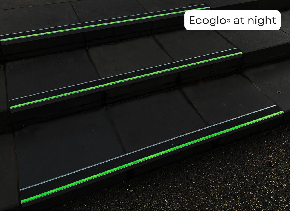 Ecoglo photoluminescent stair-edge markings glowing in darkness