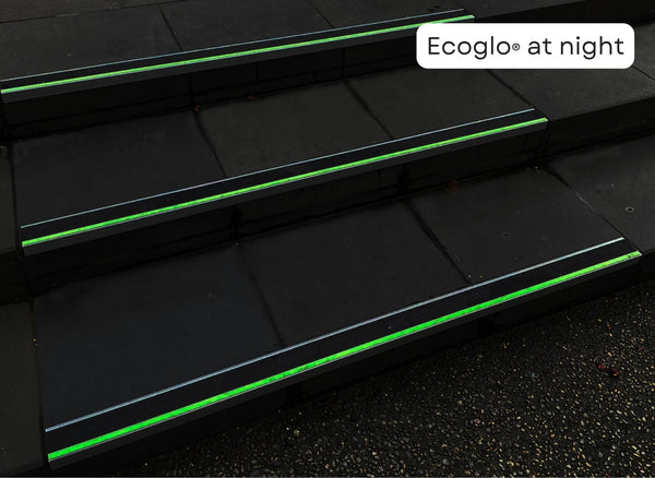Ecoglo photoluminescent resilient flooring nosing glowing without electricity