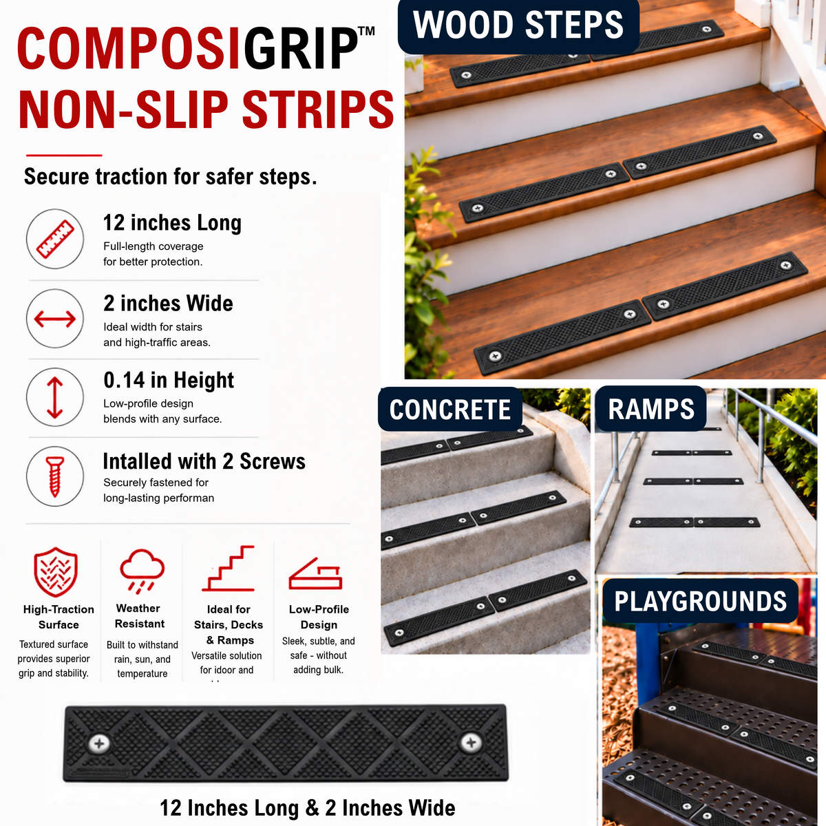 Promotional graphic for 12 inch long Compsigrip non-slip grip strips, showing the strips applied to wooden steps, concrete stairs, ramps, and playground surfaces. The left side contains product specifications, icons, and text describing features such as 12-inch length, 2-inch width, and installation with two screws.