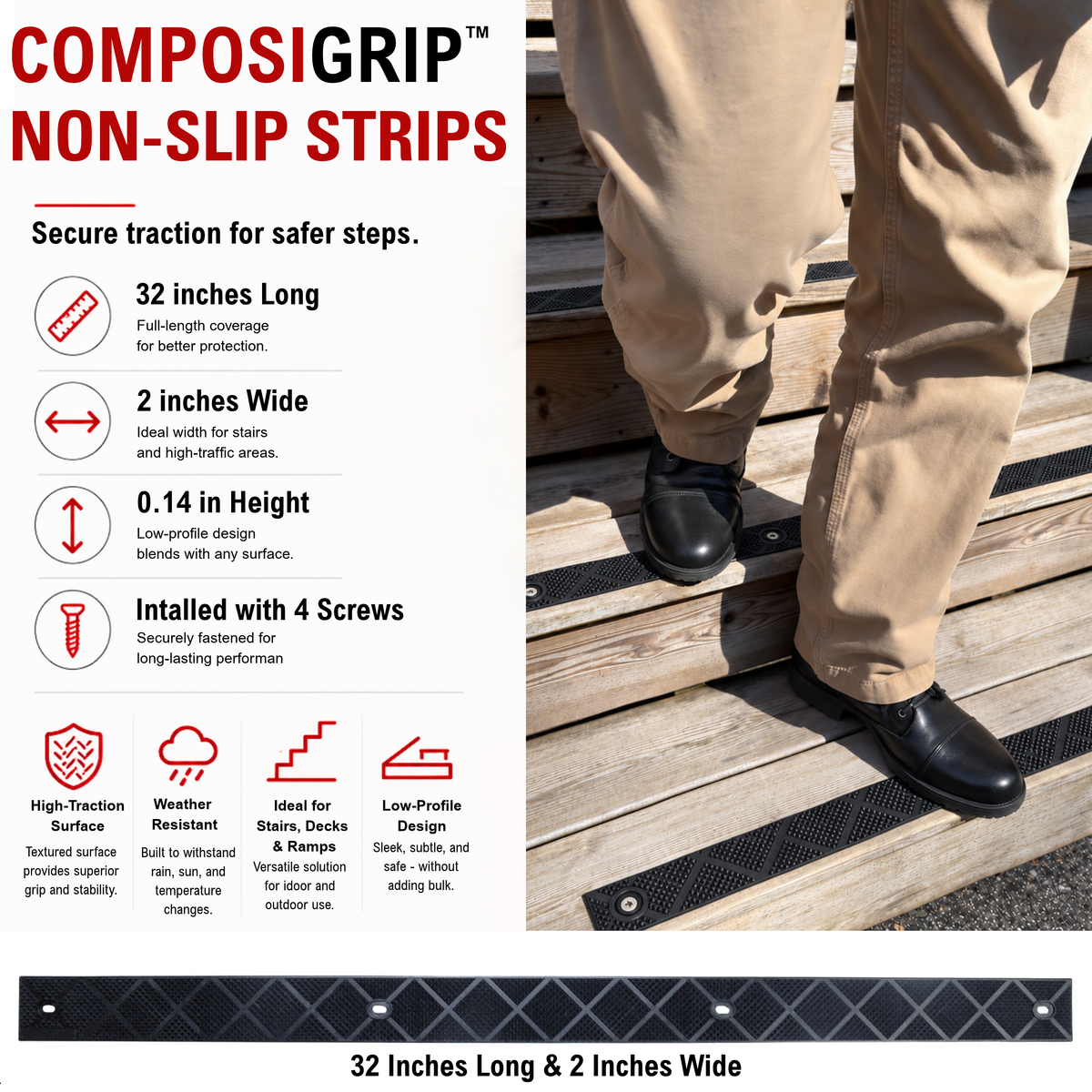 anti-slip black stair strips 32 inches long