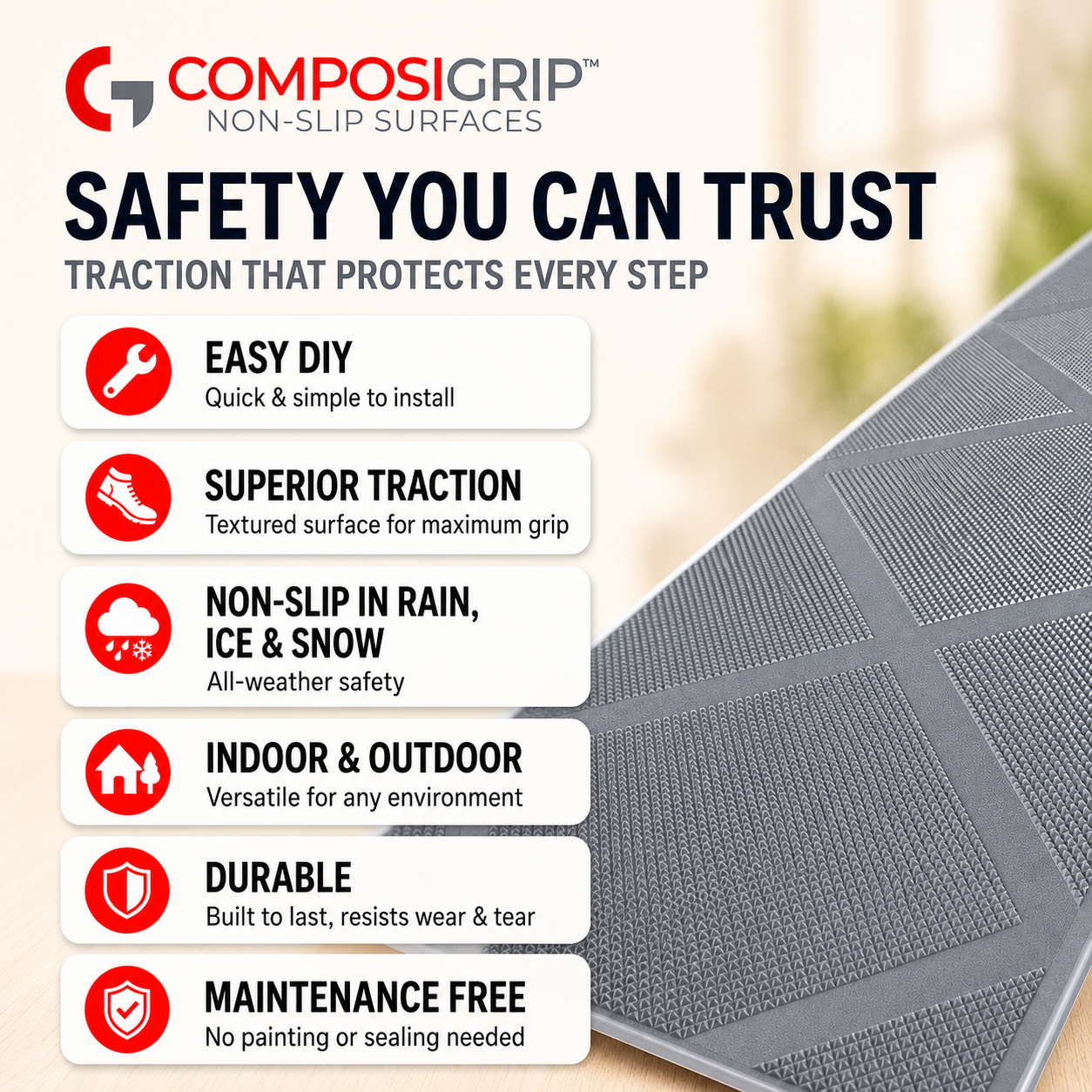 2 Pack Gray 48" Non-Slip Stair ComposiGrip™ Tread Covers - FREE Shipping