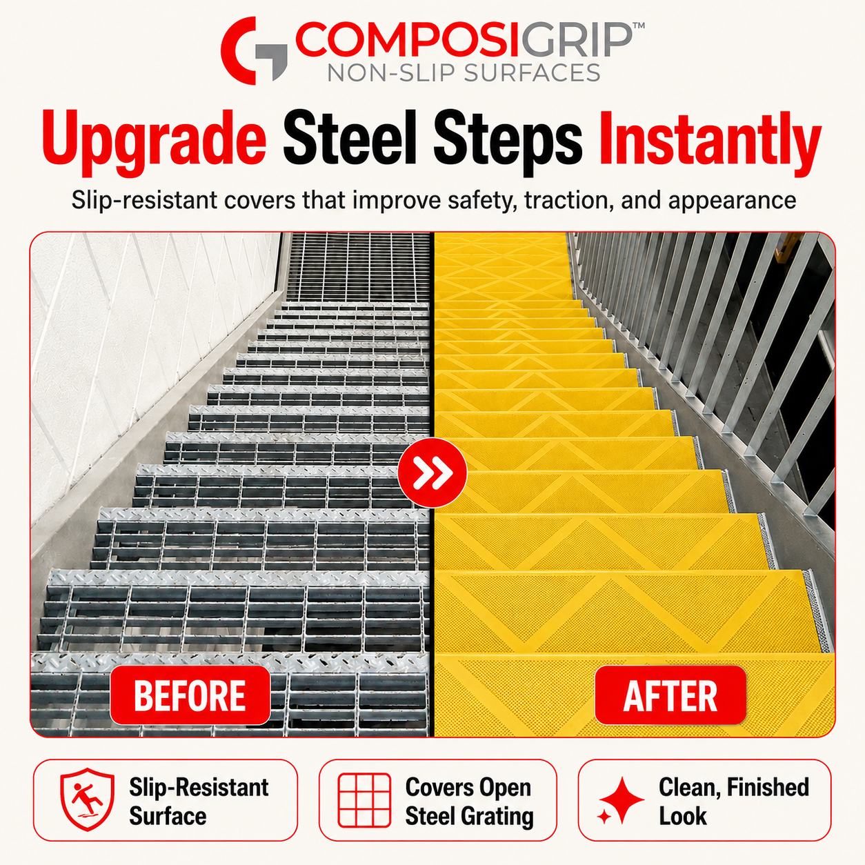 2 Pack Yellow 48" Non-Slip Stair ComposiGrip™ Tread Covers - FREE Shipping